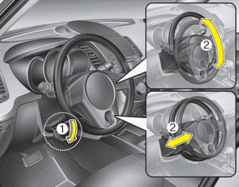 To change the steering wheel angle, pull down the lock-release lever (1), adjust