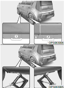 7.Place the jack at the front (1) or rear (2) jacking position closest to the